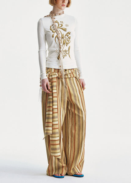 Yellow Cotton Summer Striped Pants Chic Leg Wide FashionChic