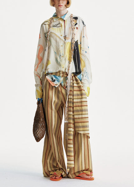 Yellow Cotton Summer Striped Pants Chic Leg Wide FashionChic