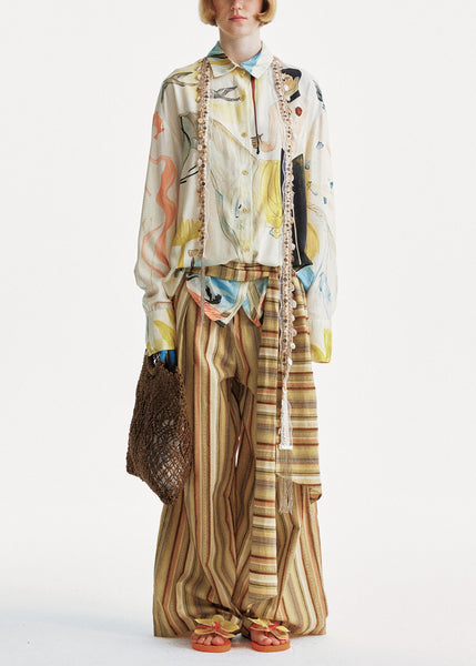 Yellow Cotton Summer Striped Pants Chic Leg Wide FashionChic