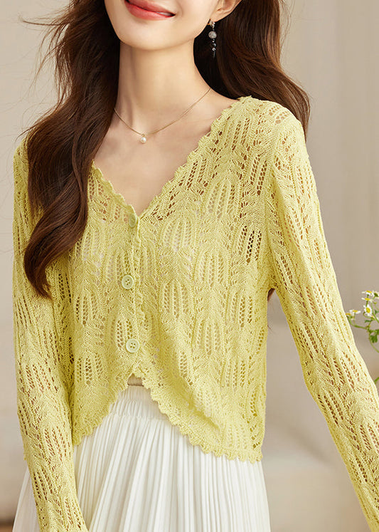 Chic Yellow V Neck Hollow Out Knit Cardigans Summer TH026