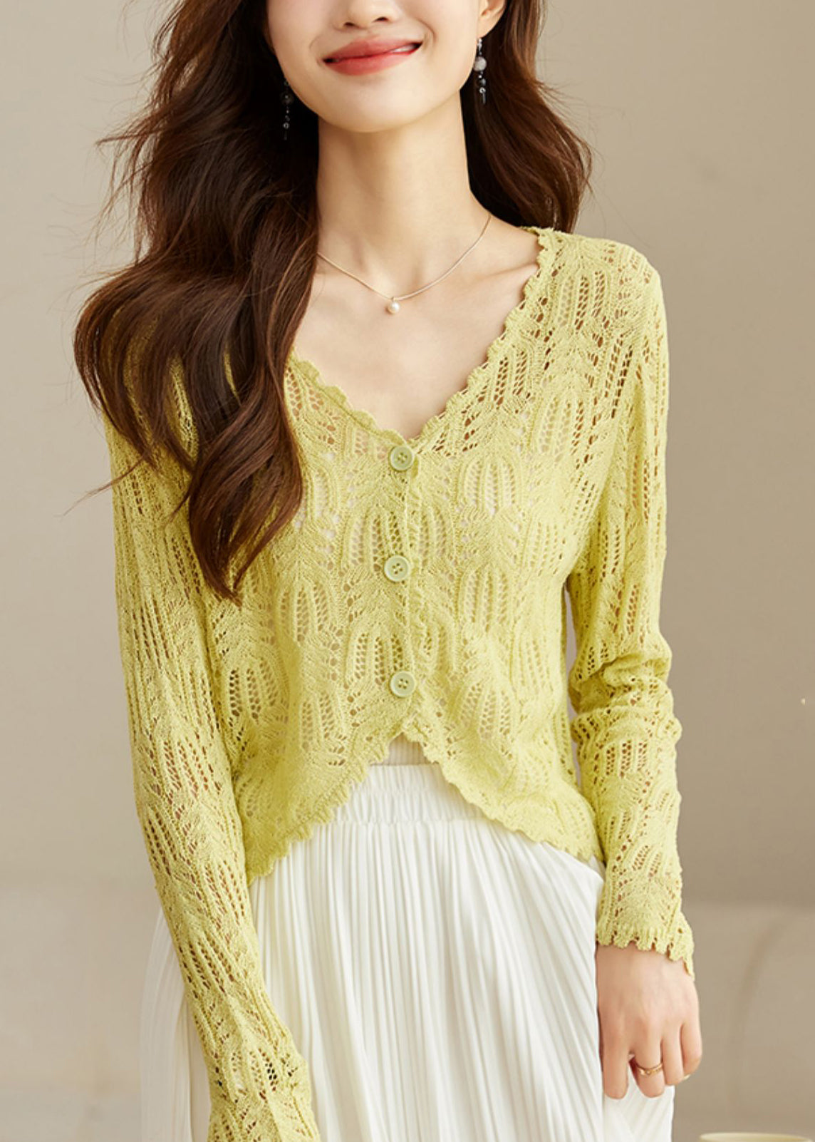 Chic Yellow V Neck Hollow Out Knit Cardigans Summer TH026