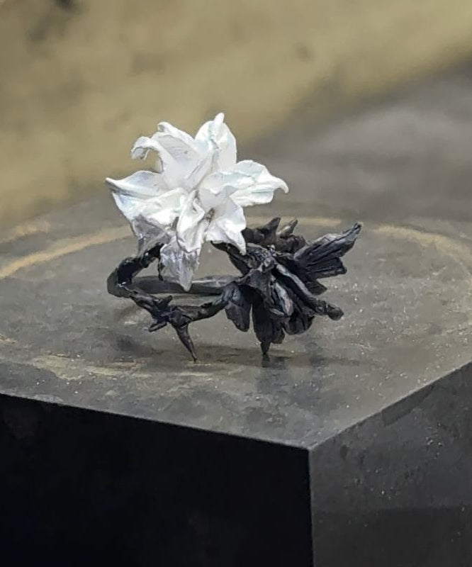 Chice Black White Stering Silver Floral Rings QJ002 JEW-RIN241021