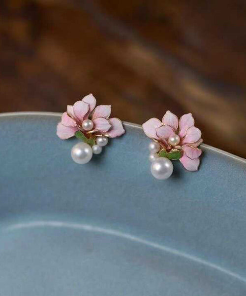 Pearl Sterling Pink Floral Styl Stud Overgild Silver Chinese FashionChic