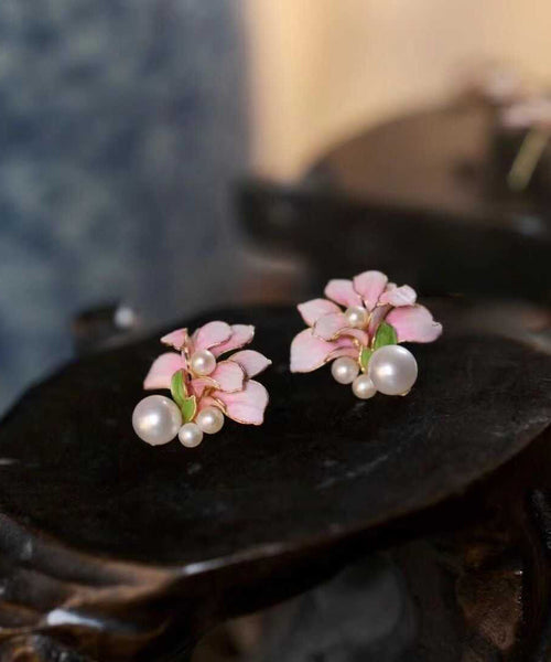 Pearl Sterling Pink Floral Styl Stud Overgild Silver Chinese FashionChic