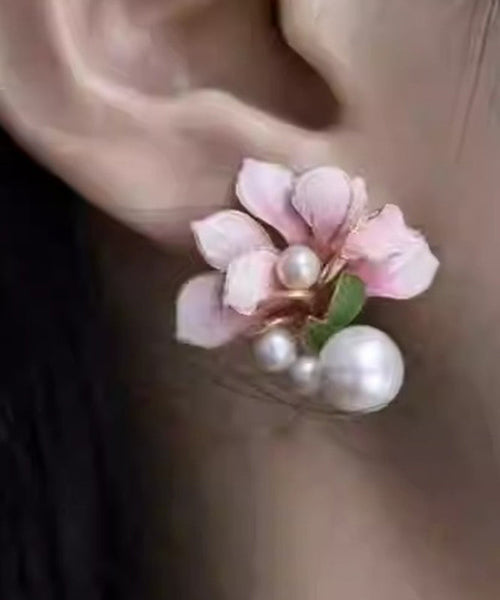 Pearl Sterling Pink Floral Styl Stud Overgild Silver Chinese FashionChic