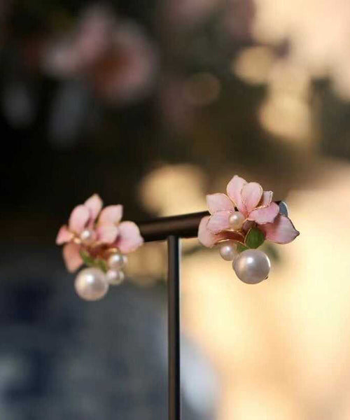 Pearl Sterling Pink Floral Styl Stud Overgild Silver Chinese FashionChic