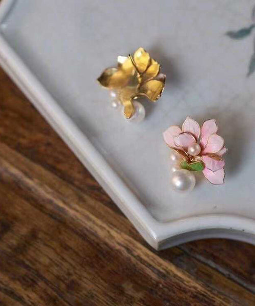 Pearl Sterling Pink Floral Styl Stud Overgild Silver Chinese FashionChic