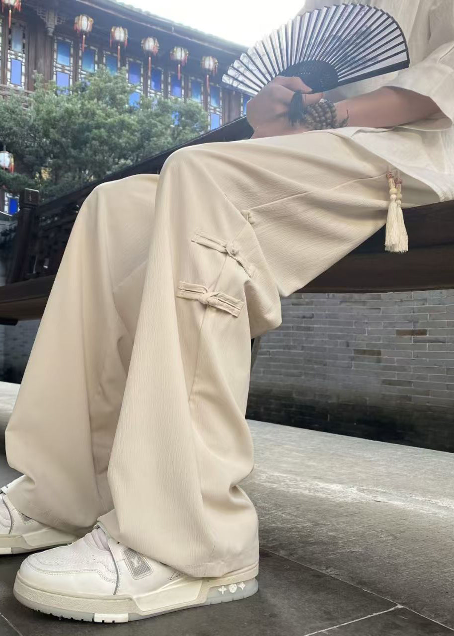 Silk Chinese Pants Waist Button Style Elastic Ice Apricot Men FashionChic