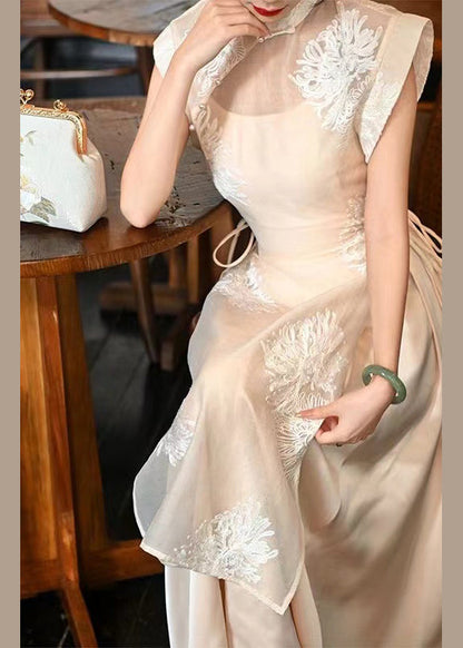 Chinese Style Apricot Button Lace Up Silk Two Piece Set Outfits Sleeveless KK026 SH-LF-TPIEC240602