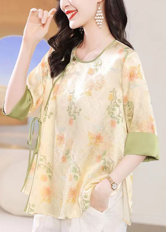 Chinese Style Apricot O-Neck Jacquard Lace Up Silk Top Summer BB027 Hawaii-HTP240622