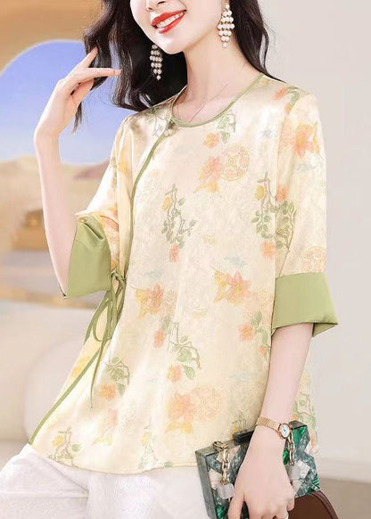 Chinese Style Apricot O-Neck Jacquard Lace Up Silk Top Summer BB027 Hawaii-HTP240622