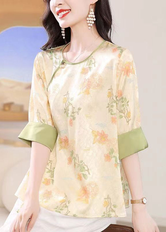 Chinese Style Apricot O-Neck Jacquard Lace Up Silk Top Summer BB027 Hawaii-HTP240622