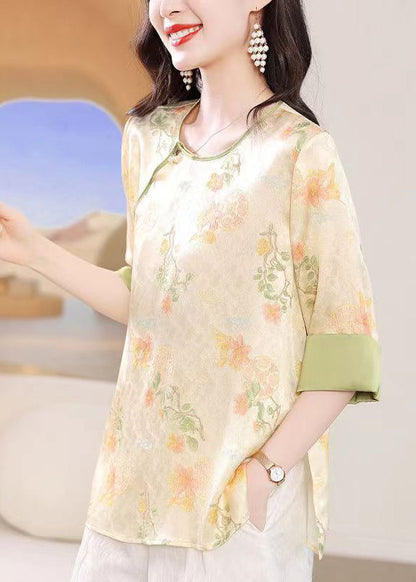 Chinese Style Apricot O-Neck Jacquard Lace Up Silk Top Summer BB027 Hawaii-HTP240622