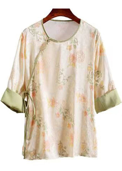 Chinese Style Apricot O-Neck Jacquard Lace Up Silk Top Summer BB027 Hawaii-HTP240622