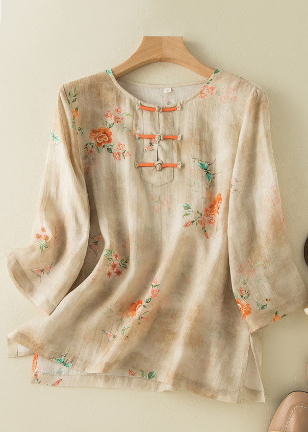 Grace Style Pink Crane O-Neck Print Oriental Button Side Open Linen Shirt Top Bracelet Sleeve TP050