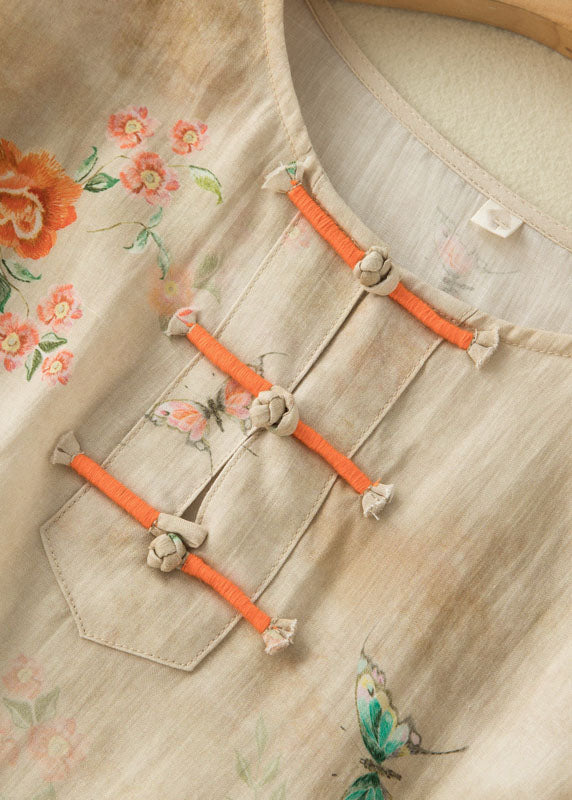 Grace Style Apricot O-Neck Print Oriental Button Side Open Linen Shirt Top Bracelet Sleeve TP049