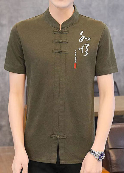 Green Mens Army Shirt Collar Cotton Chinese Stand T Style Print FashionChic