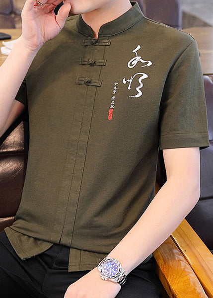 Green Mens Army Shirt Collar Cotton Chinese Stand T Style Print FashionChic