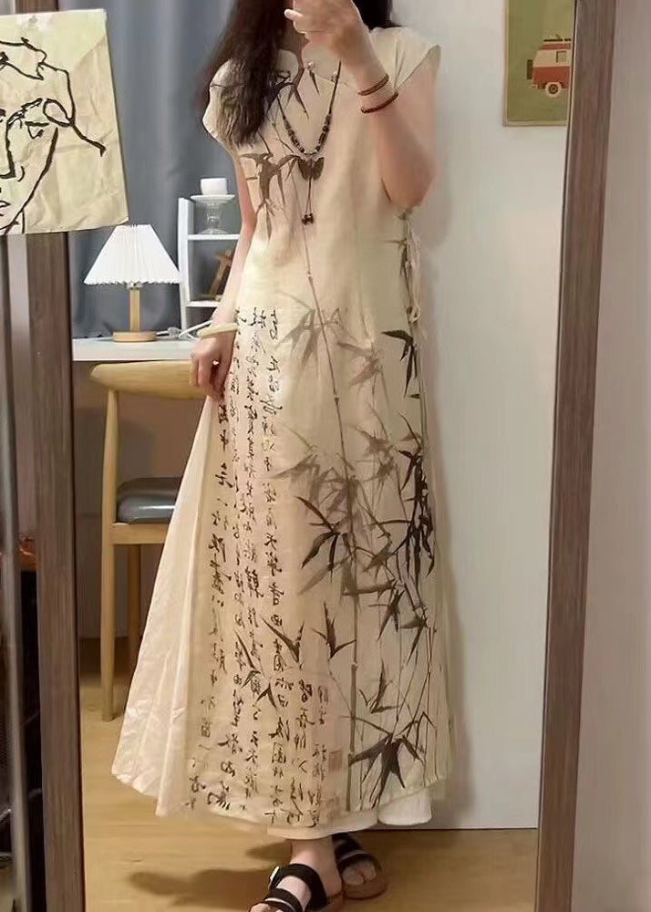 Chinese Style Bamboo Ink Painting Lace Up Dress For Summer BV063 MZF-SDL240702