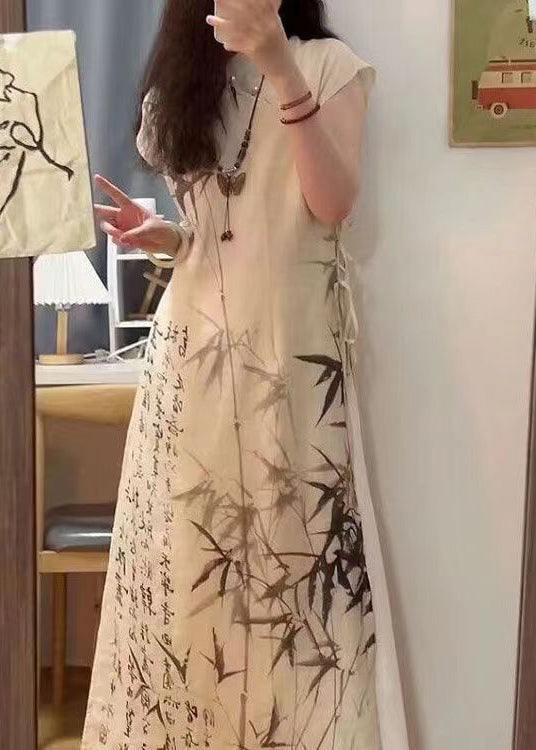 Chinese Style Bamboo Ink Painting Lace Up Dress For Summer BV063 MZF-SDL240702