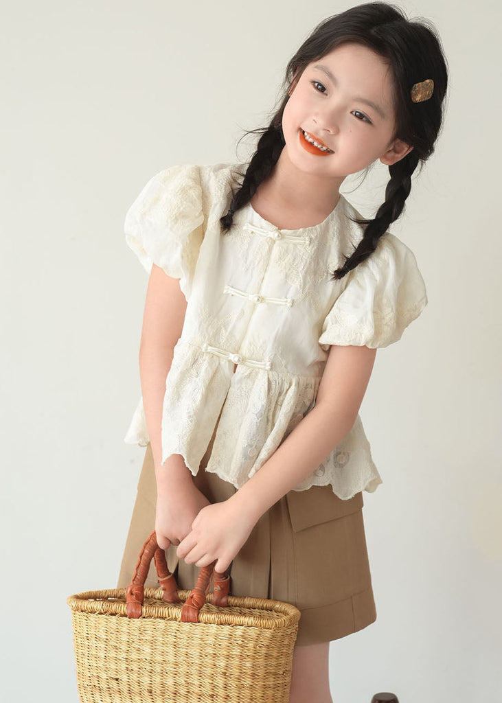 Chinese Style Beige O-Neck Patchwork Button Kids Shirt Short Sleeve SS1004 MM-RCTZ-STP240601