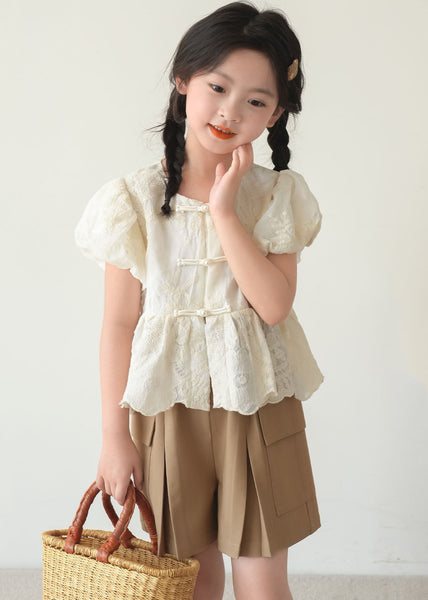 Chinese Style Beige O-Neck Patchwork Button Kids Shirt Short Sleeve SS1004 MM-RCTZ-STP240601