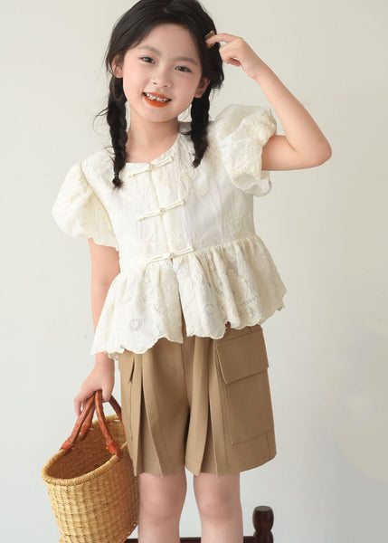 Chinese Style Beige O-Neck Patchwork Button Kids Shirt Short Sleeve SS1004 MM-RCTZ-STP240601