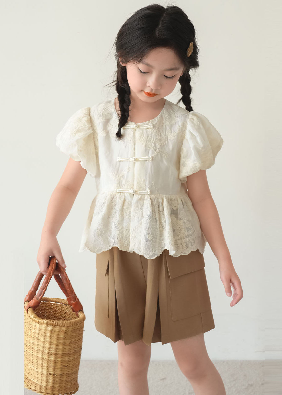 Chinese Style Beige O-Neck Patchwork Button Kids Shirt Short Sleeve SS1004 MM-RCTZ-STP240601