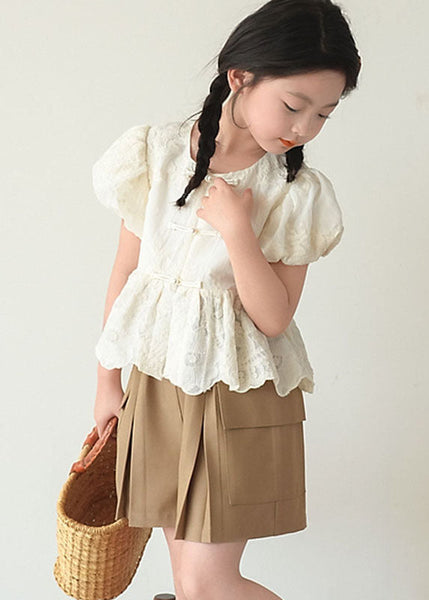 Chinese Style Beige O-Neck Patchwork Button Kids Shirt Short Sleeve SS1004 MM-RCTZ-STP240601