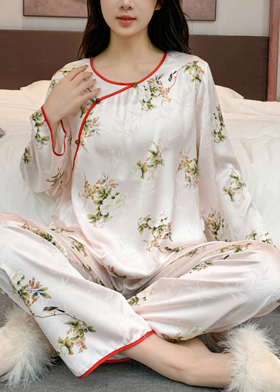 Chinese Style Beige O-Neck Print Patchwork Ice Silk Two Pieces Set Long Sleeve XS1014 Ada Fashion