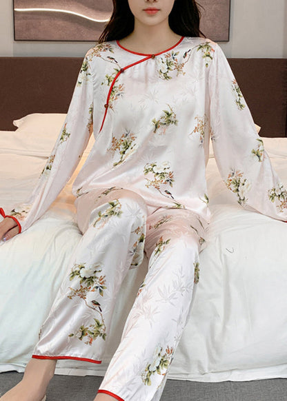 Chinese Style Beige O-Neck Print Patchwork Ice Silk Two Pieces Set Long Sleeve XS1014 Ada Fashion