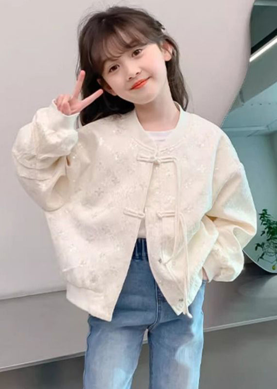 Chinese Style Beige O-Neck Sequins Button Kids Coats Fall QV038 MM-RCTZCGTS241026