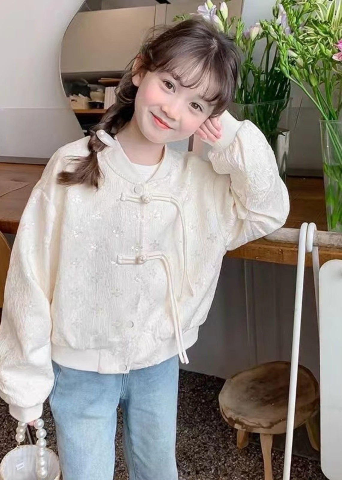 Chinese Style Beige O-Neck Sequins Button Kids Coats Fall QV038 MM-RCTZCGTS241026