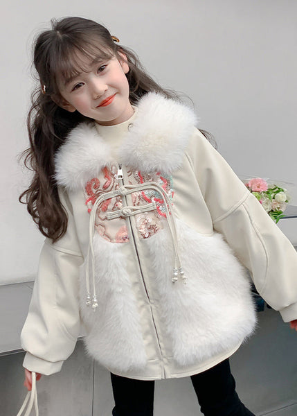 Chinese Style Beige Peter Pan Collar Embroideried Patchwork Warm Fleece Kids Coats WinterTG026