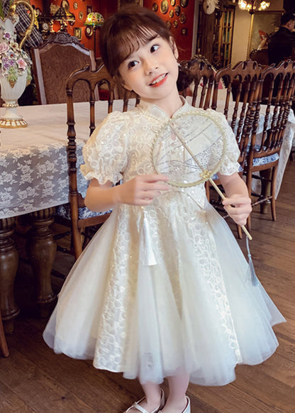 Chinese Style Beige Stand Collar Nail Bead Tulle Girls Maxi Dress Summer XZ036 SDGL240618