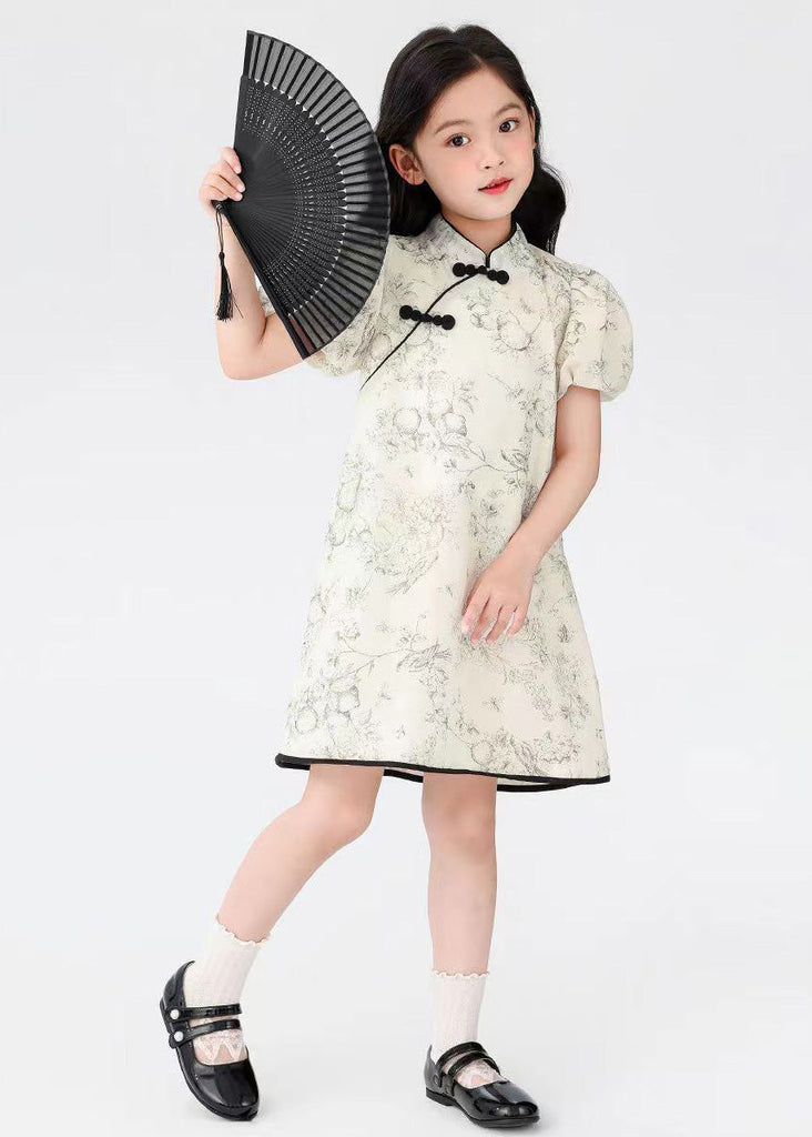 Chinese Style Beige Stand Collar Print Button Kids Mid Dress Short Sleeve MN024 MM-RCTZ-SDGM240701