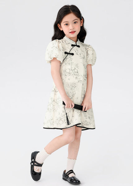 Chinese Style Beige Stand Collar Print Button Kids Mid Dress Short Sleeve MN024 MM-RCTZ-SDGM240701
