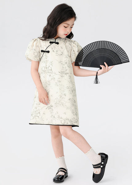 Chinese Style Beige Stand Collar Print Button Kids Mid Dress Short Sleeve MN024 MM-RCTZ-SDGM240701