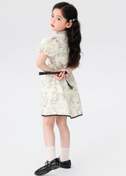Chinese Style Beige Stand Collar Print Button Kids Mid Dress Short Sleeve MN024 MM-RCTZ-SDGM240701