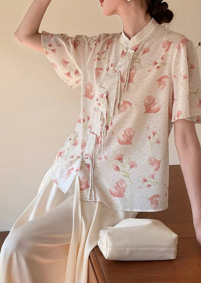 Chinese Style Beige Stand Collar Print Silk Shirt Summer WW013 OL-STP240812