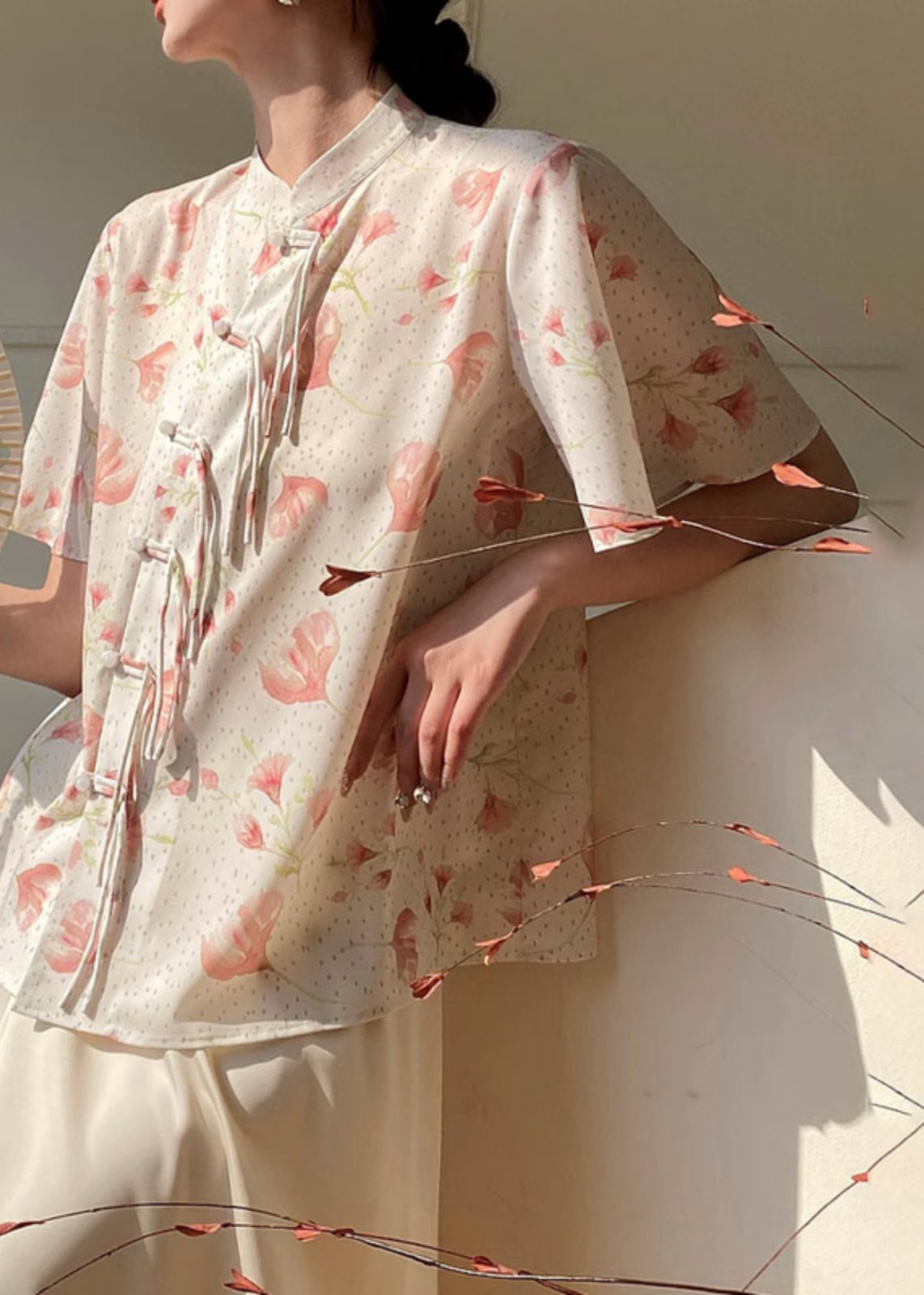 Chinese Style Beige Stand Collar Print Silk Shirt Summer WW013 OL-STP240812