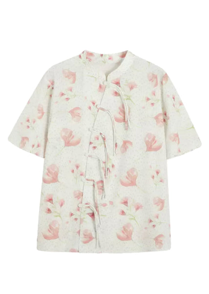 Chinese Style Beige Stand Collar Print Silk Shirt Summer WW013 OL-STP240812