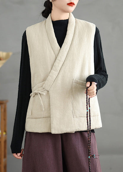 Chinese Style Beige V Neck Lace Up Fine Cotton Filled Vest Sleeveless RU026 ABC