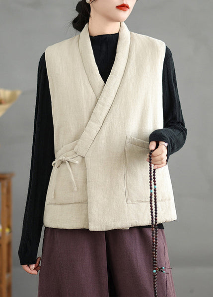 Chinese Style Beige V Neck Lace Up Fine Cotton Filled Vest Sleeveless RU026 ABC