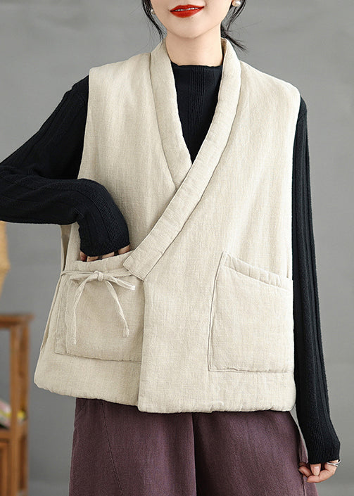 Chinese Style Beige V Neck Lace Up Fine Cotton Filled Vest Sleeveless RU026 ABC