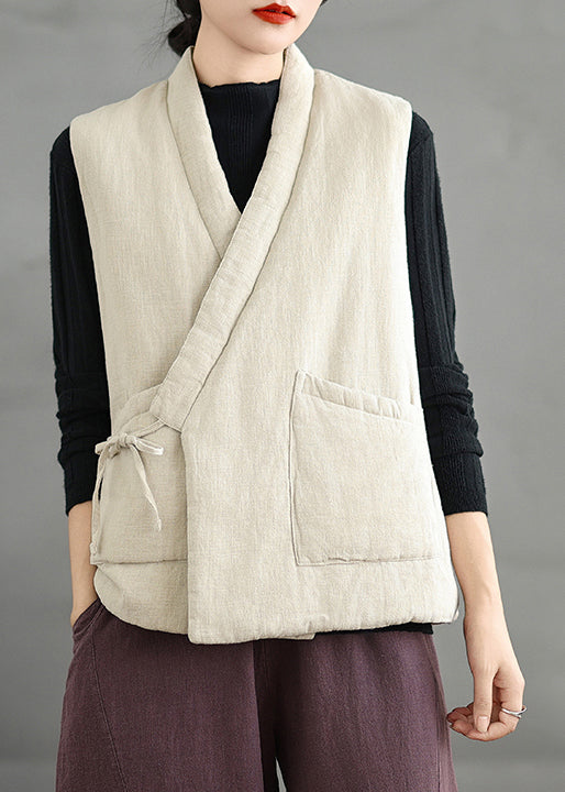 Chinese Style Beige V Neck Lace Up Fine Cotton Filled Vest Sleeveless RU026 ABC