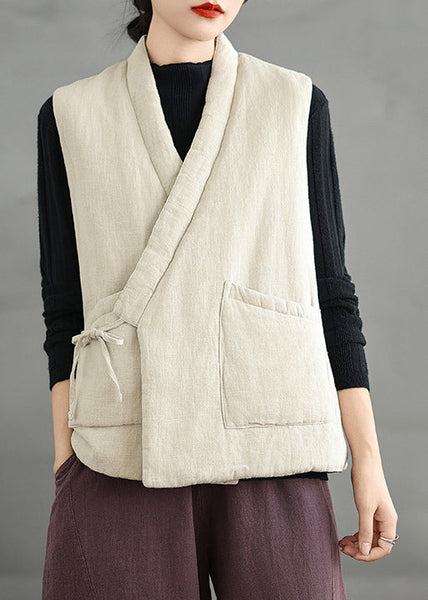 Chinese Style Beige V Neck Lace Up Fine Cotton Filled Vest Sleeveless RU026 ABC