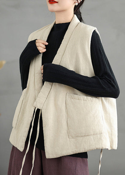 Chinese Style Beige V Neck Lace Up Fine Cotton Filled Vest Sleeveless RU026 ABC