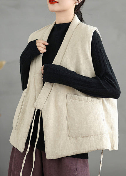 Chinese Style Beige V Neck Lace Up Fine Cotton Filled Vest Sleeveless RU026 ABC