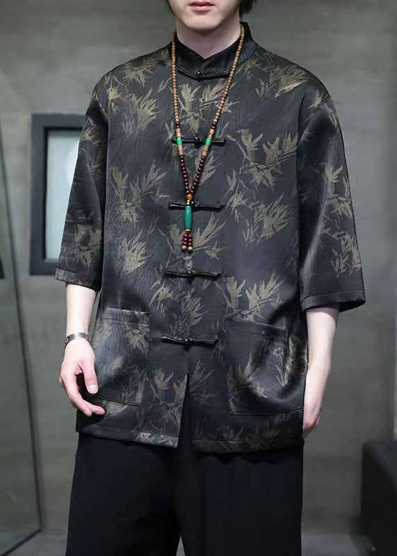 Chinese Style Black Button Pockets Ice Silk Men Shirt Summer YT090 Men-Silk-MENSTP240721